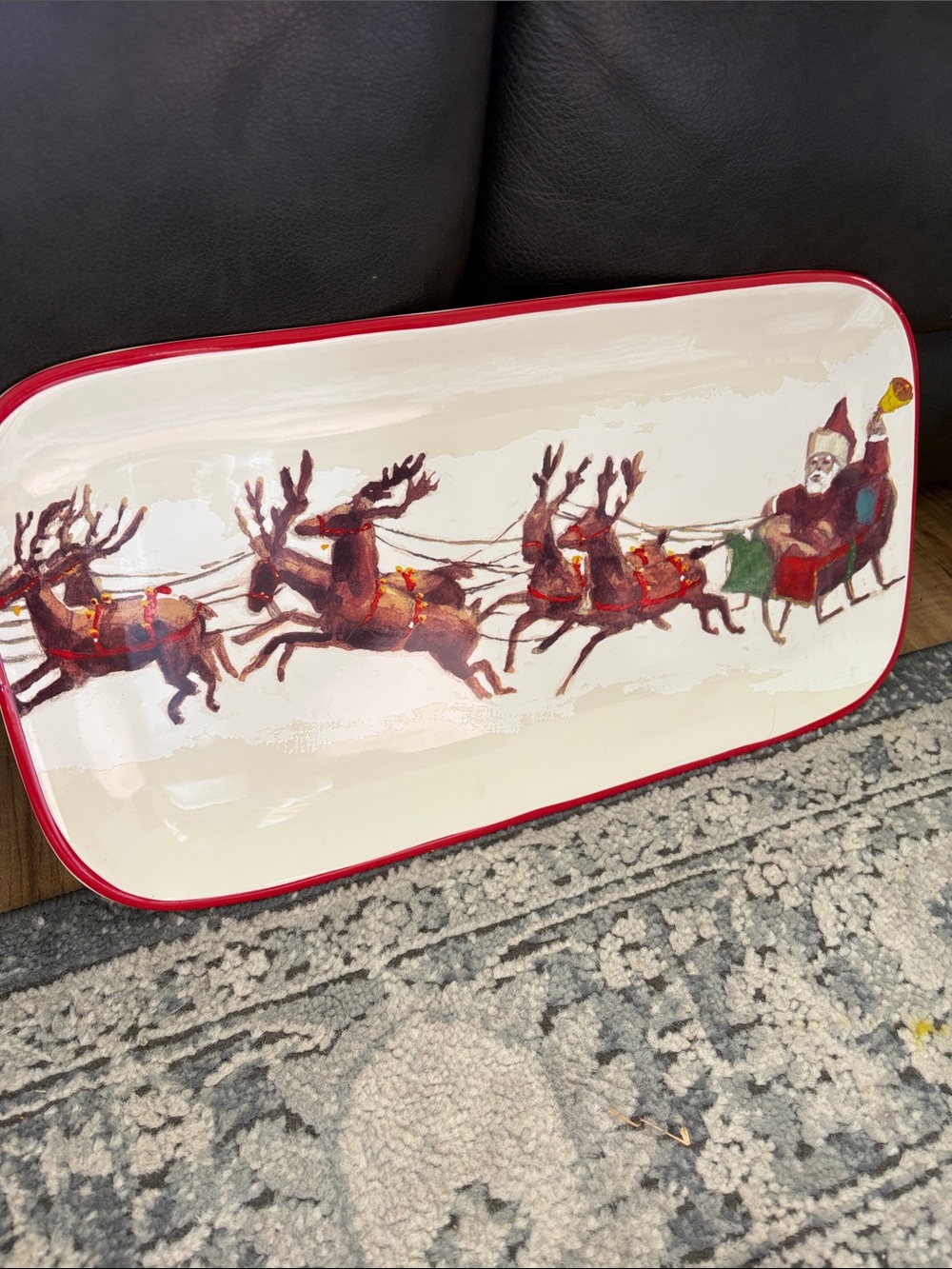 Williams Sonoma Santa and his reindeer Red Trim Santa Sleigh Serving Platter
